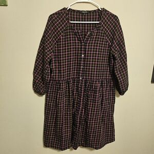 Madewell 6 Plaid Flannel Raglan Button Front Shirtdress Black Pink Orange